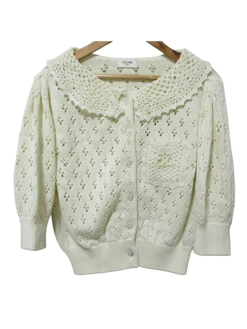 Celine Triomphe Cropped Cotton Knit Cardigan White M